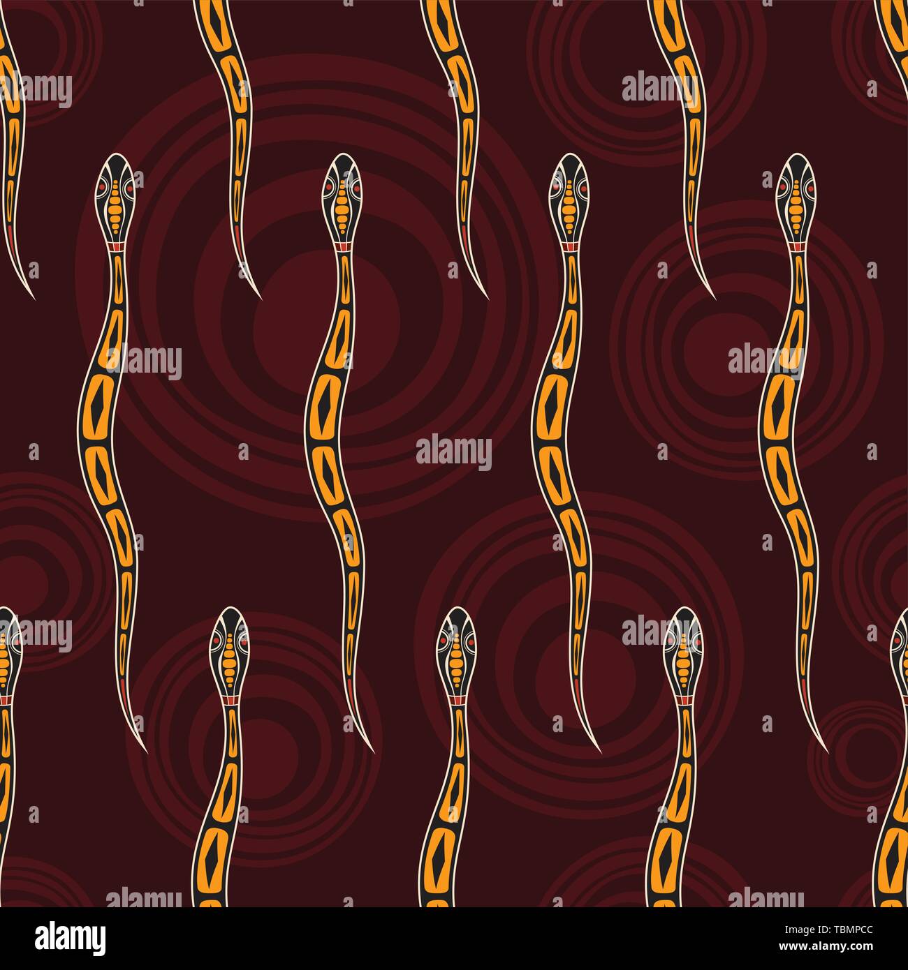 Nahtlose Muster von Schlangen mit abstrakten Kreise auf Hintergrund. Australische Kunst der Aborigines Malerei Stil. Vector Farbe Hintergrund. Stock Vektor
