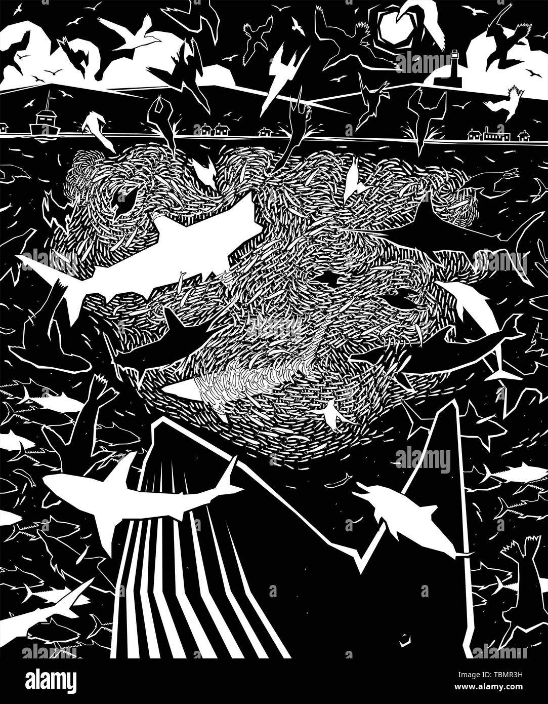 Editable Vector Illustration der unterschiedlichen Raubtiere Angriff auf einen Fisch im Meer baitball Stock Vektor