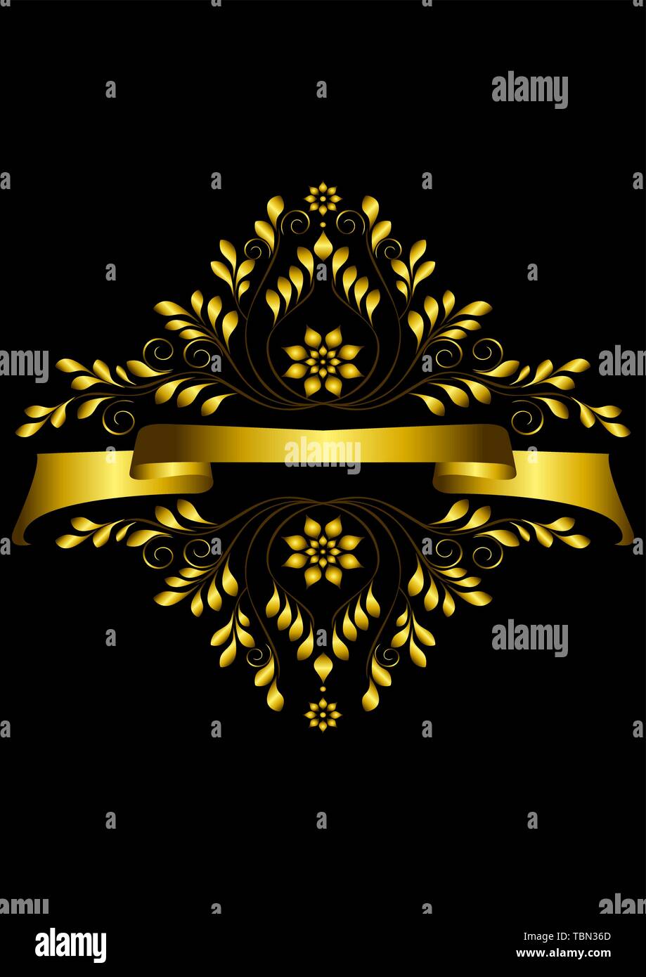 Gold Rahmen mit Kalligrafischen Ornament und Gold Ribbon Stock Vektor