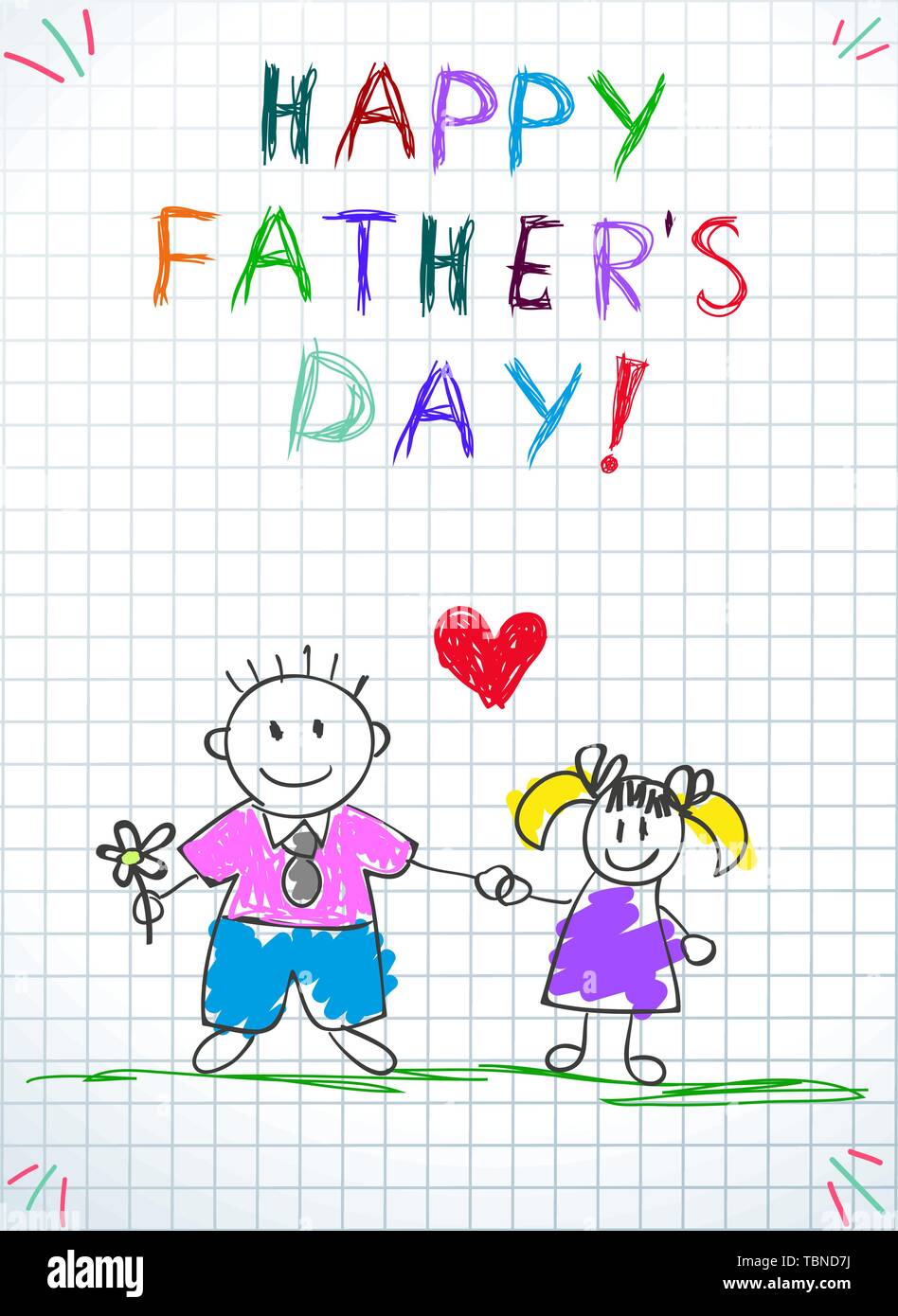 Vater mit Tochter glücklich Vatertag Kinder bunte Bleistiftzeichnungen Mann und Mädchen, Hände auf Squared Notebook Blatt Hintergrund. Baby Gruß C Stock Vektor