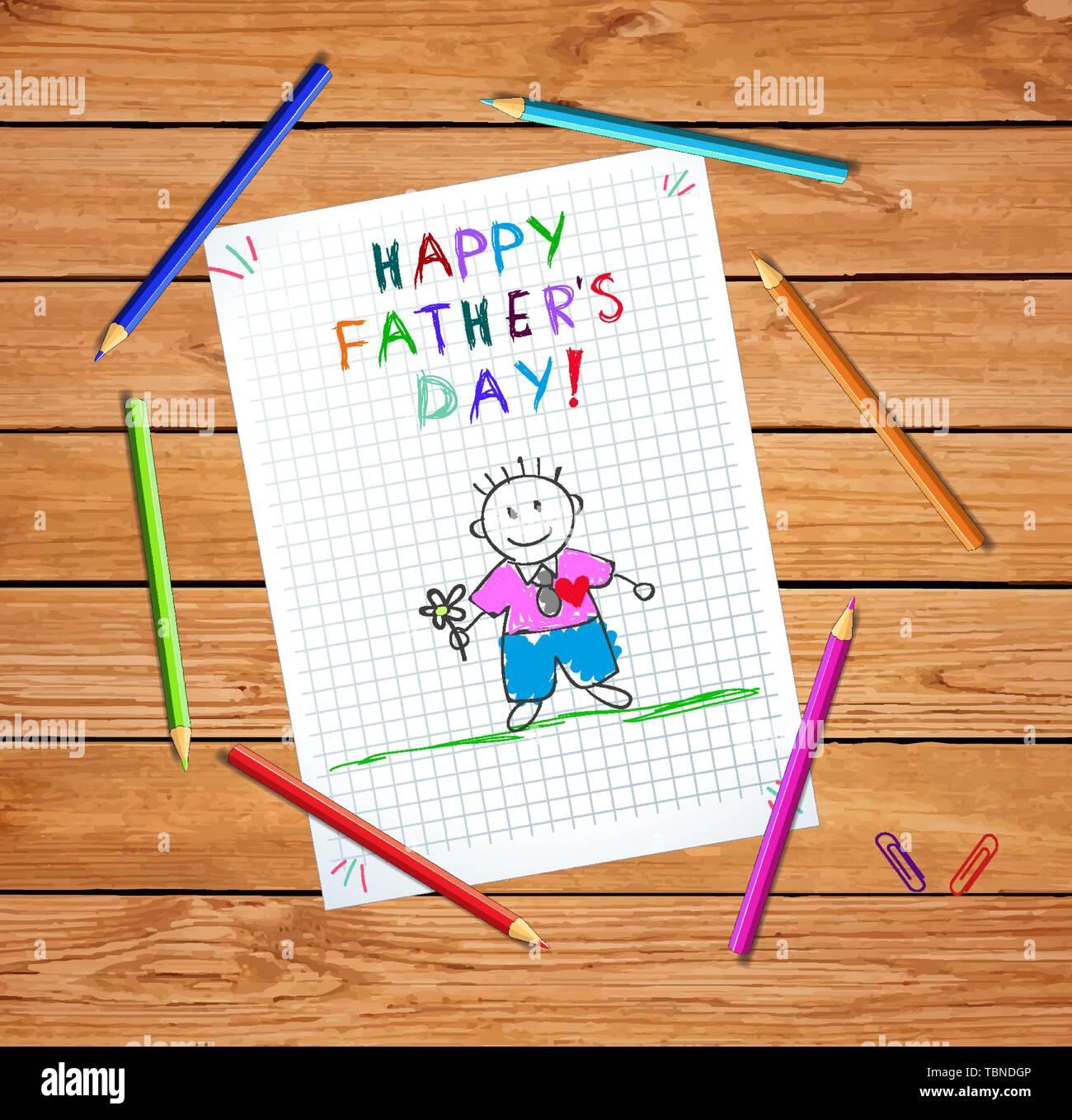 Happy Vatertag Baby Hand gezeichnet Abbildung: Papa Holding Blume auf Überprüft Blatt Papier oder graphischen Papier auf Holztisch mit Buntstiften Zurück Stock Vektor