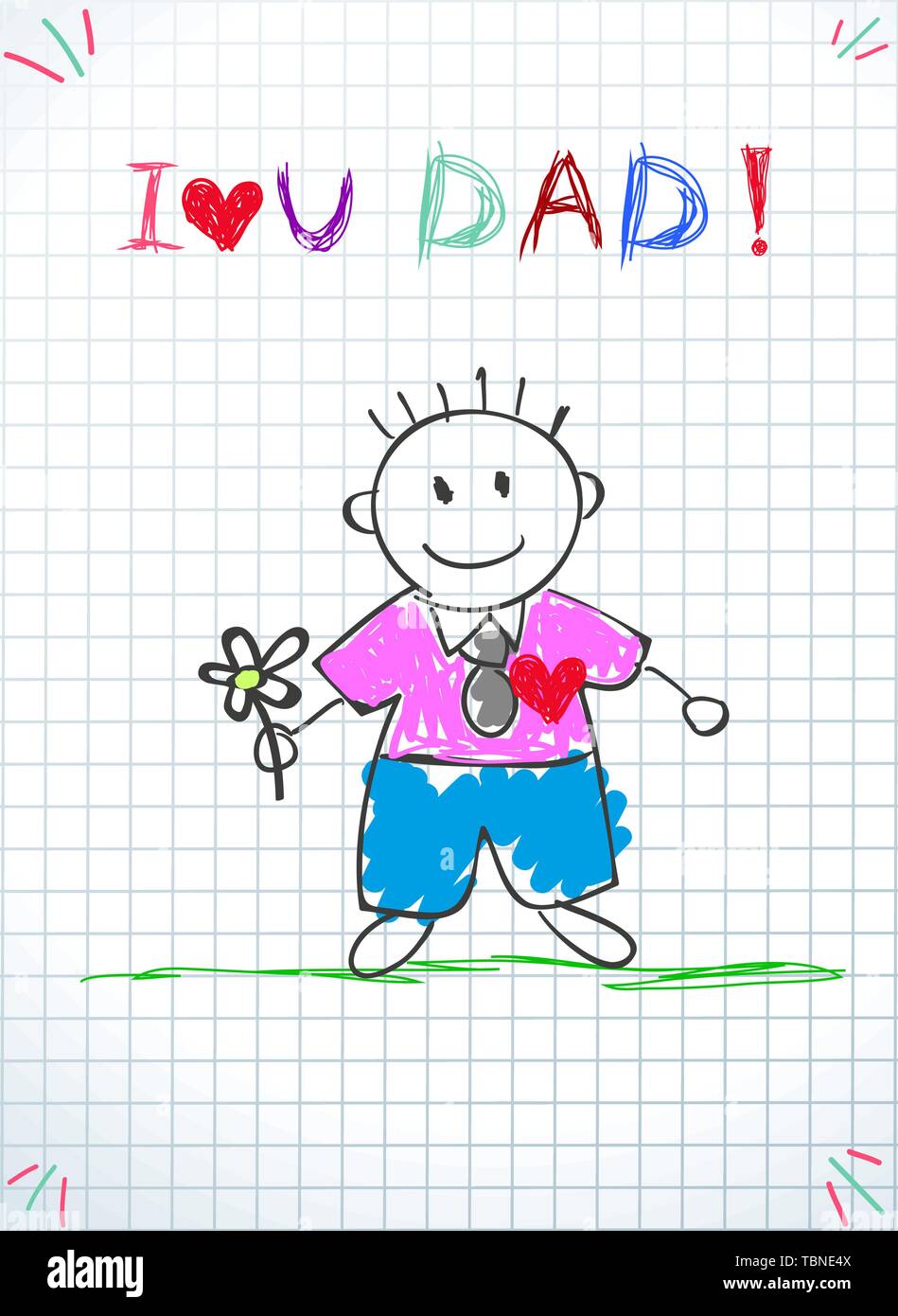 Ich liebe Dich Papa, Happy Vatertag Grußkarte. Baby Zeichnung Abbildung mit Hand gezeichnet Papa halten Blume auf grünem Gras auf kariertem Papier Bac stehen Stock Vektor