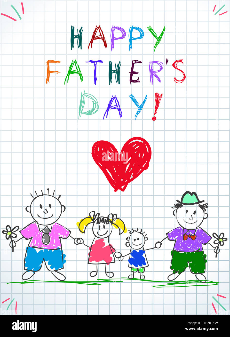 Lgbt-Familie. Happy Vatertag Kinder Zeichnung. Zwei Männer mit Annahme durch die Mädchen und Jungen auf grünem Gras auf kariertem Papier Hintergrund stehen. Baby Gratulation, Stockfoto