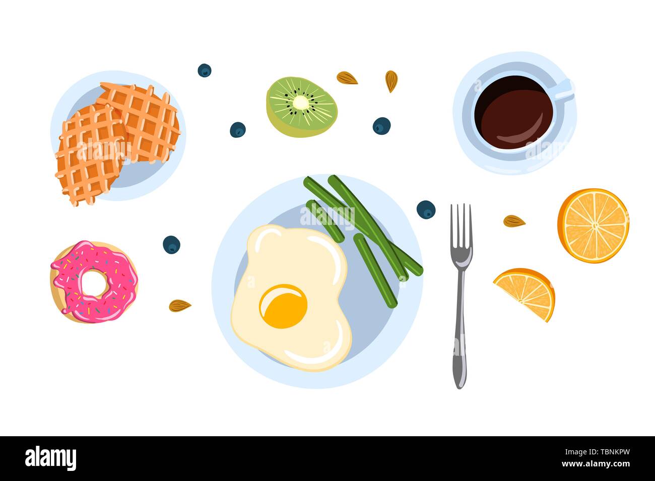 Stillleben mit Frühstück in einem flachen doodle Stil, Ansicht von oben. Vector Illustration Stock Vektor