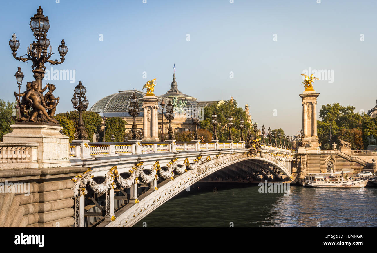 Die herrliche Alexandre III Brücke über den Fluss mit dem Grand Palais im Hintergrund im Sommer in Paris Stockfoto