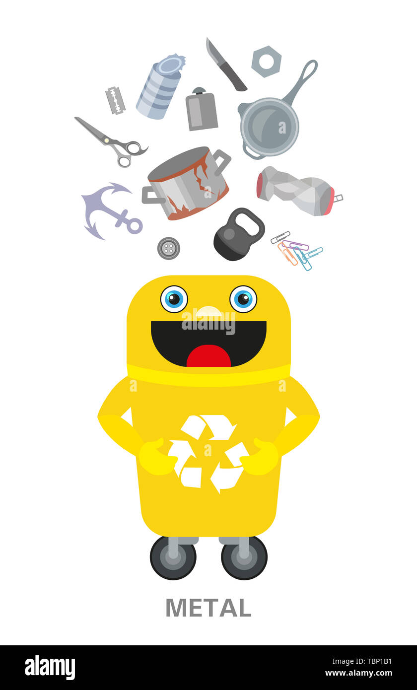 Metallische Abfälle alt. Müll sortieren Thema. Garbage Recycling. Flache Bauform für Infografik oder Informationen Poster Stockfoto