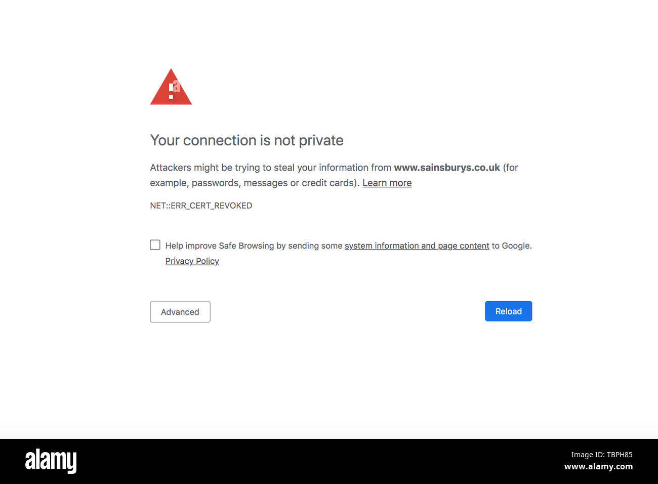 Sainsbury's Website wegen Nicht-SSL-Zertifikate. Sonntag 2 Juni 2019 © Sam Stephenson/Alamy Leben Nachrichten. Stockfoto
