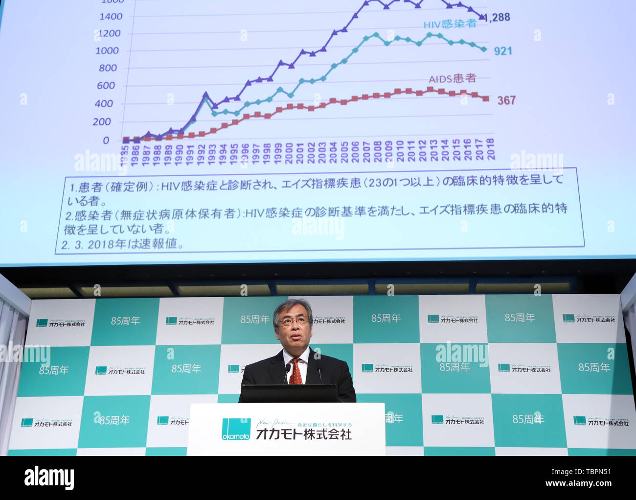 Tokio, Japan. 3. Juni 2019. Japan Foundation für AIDS-Prävention Representative Director takuma Shirasaka spricht über Geschlechtskrankheiten und Kondom in Tokio am Montag, 3. Juni 2019. Okamoto, Japan's Top Marke Kondomhersteller, gehen auf Verkauf der Ukiyo-e Bild Kondom Kondom' und 'Design Anti-virus gel Kondom' 0,03 VivaGel'. Credit: Yoshio Tsunoda/LBA/Alamy leben Nachrichten Stockfoto