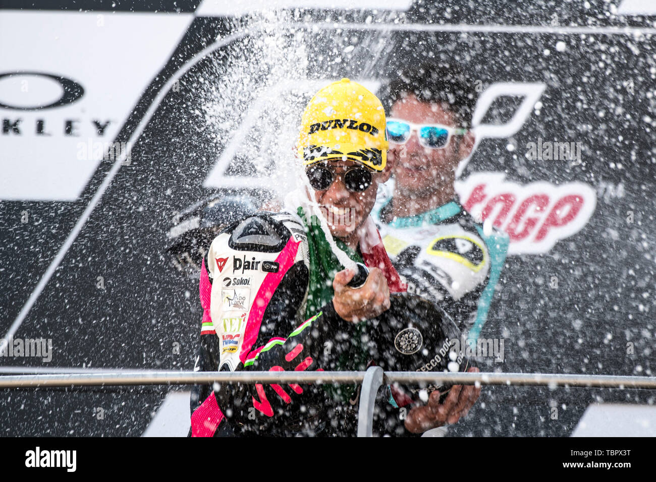 2. Juni 2019, Stromkreis des Mugello, Scarperia, Florenz, Italien; MotoGP von Italien, Race Day; Tony Arbolino (vne Scharfschützen) gewinnt die Moto3 Rennen Stockfoto