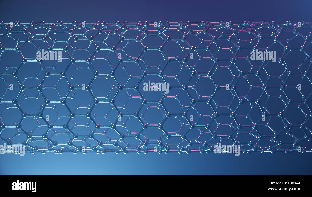 3D-Illustration Struktur des Graphen Rohr, abstrakte Nanotechnologie sechseckiger geometrischer Form close-up, Konzept Graphen atomare Struktur, Konzept Stockfoto