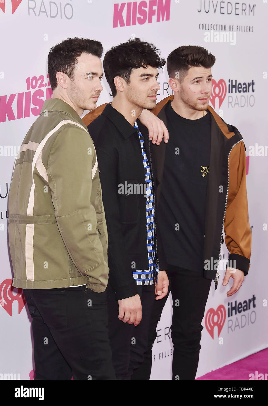 CARSON, CA - 01. Juni: (L-R) Kevin Jonas, Joe Jonas, und Nick Jonas der Jonas Brothers sorgen 2019 iHeartRadio Wango Tango an der Würde des Menschen Gesundheit Sport Park am Juni 01, 2019 in Carson, Kalifornien. Stockfoto