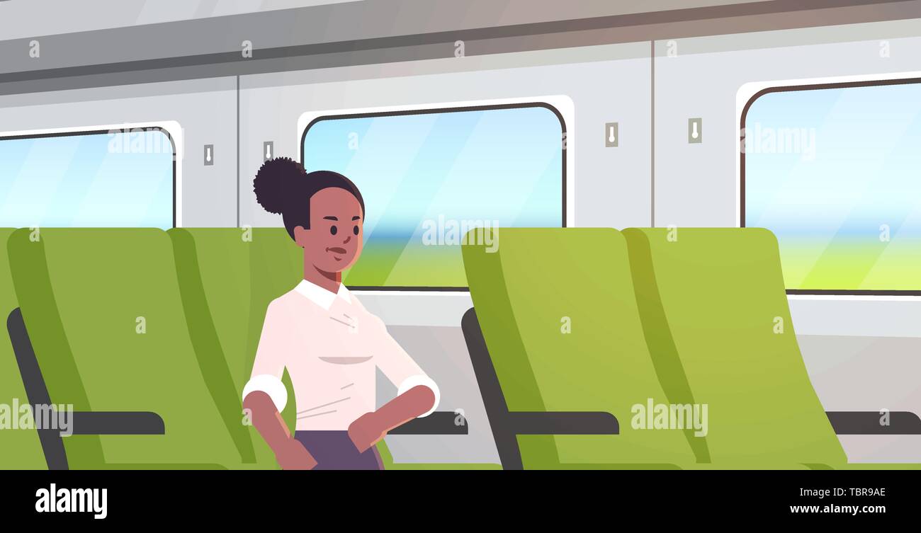 Geschäftsfrau mit dem Zug afrikanischen amerikanischen Passagier Frau sitzt bequemer Stuhl während der Reise Reisen lange kurze Entfernung öffentliche Reisen Stock Vektor