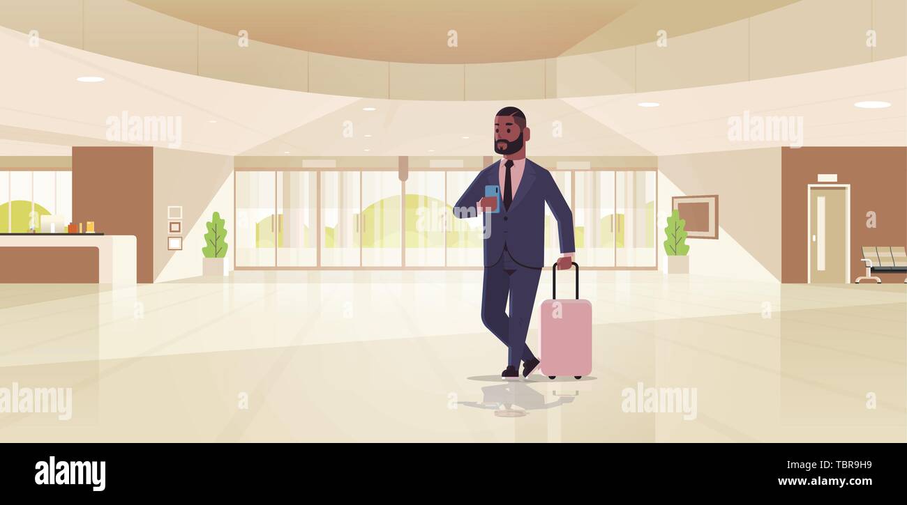 Geschäftsmann mit Gepäck moderne Rezeption african american business Mann mit Koffer Kerl in der Lobby stehen moderne Hotel halle Innenraum Stock Vektor