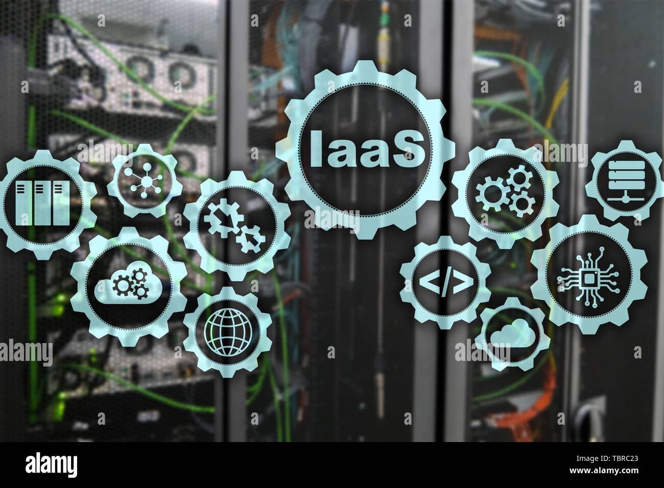 IaaS, Infrastruktur als Service. Online Internet und Netzwerk Konzept. Grafik Symbole auf einem digitalen Bildschirm Stockfoto