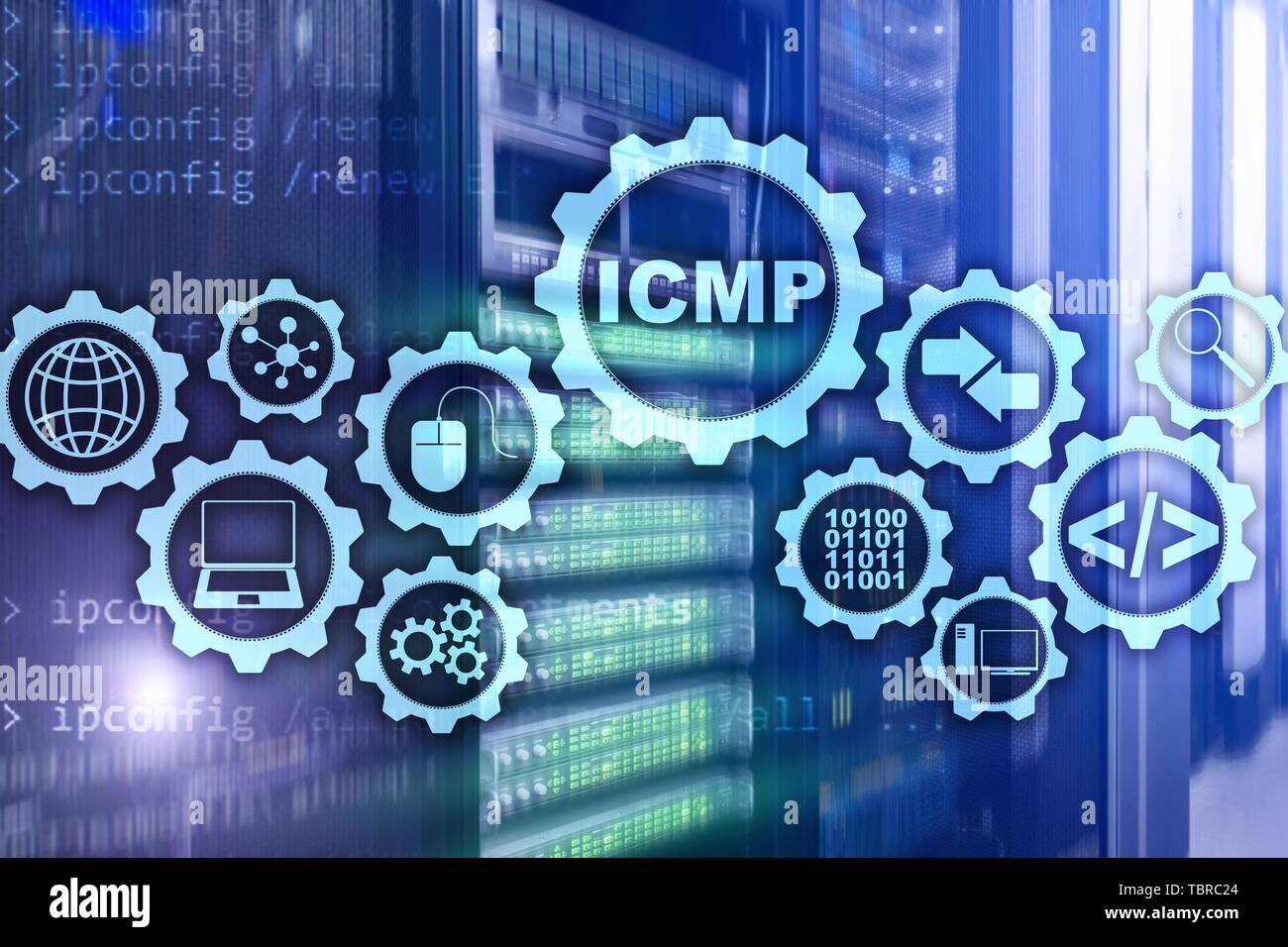 ICMP. Internet Control Message Protocol. Netzwerk Konzept. Serverraum im Hintergrund Stockfoto