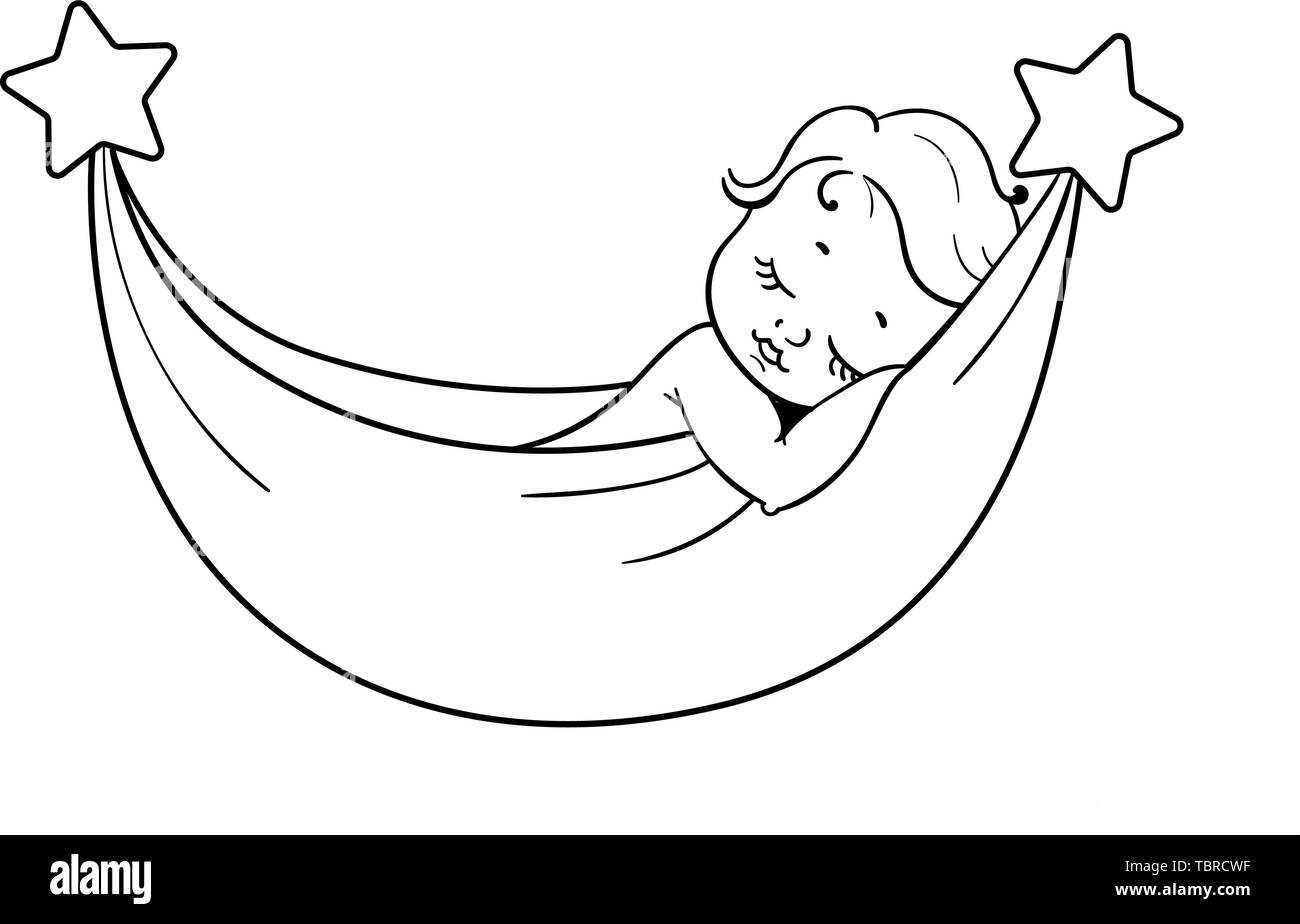 Baby schlafen in der Hängematte. Logo zeichen Vorlage. Realistische cartoon Vector Illustration mit einem neugeborenen Baby. Hängematte als Mond mit Sternen. Stock Vektor