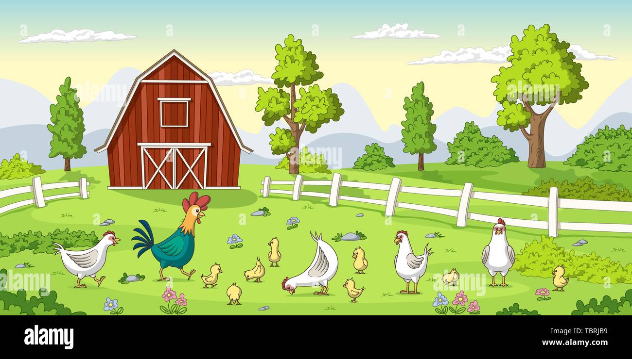 Cartoon Hühner auf dem Bauernhof. Sommer Landschaft mit roten Haus und Zaun. Stock Vektor