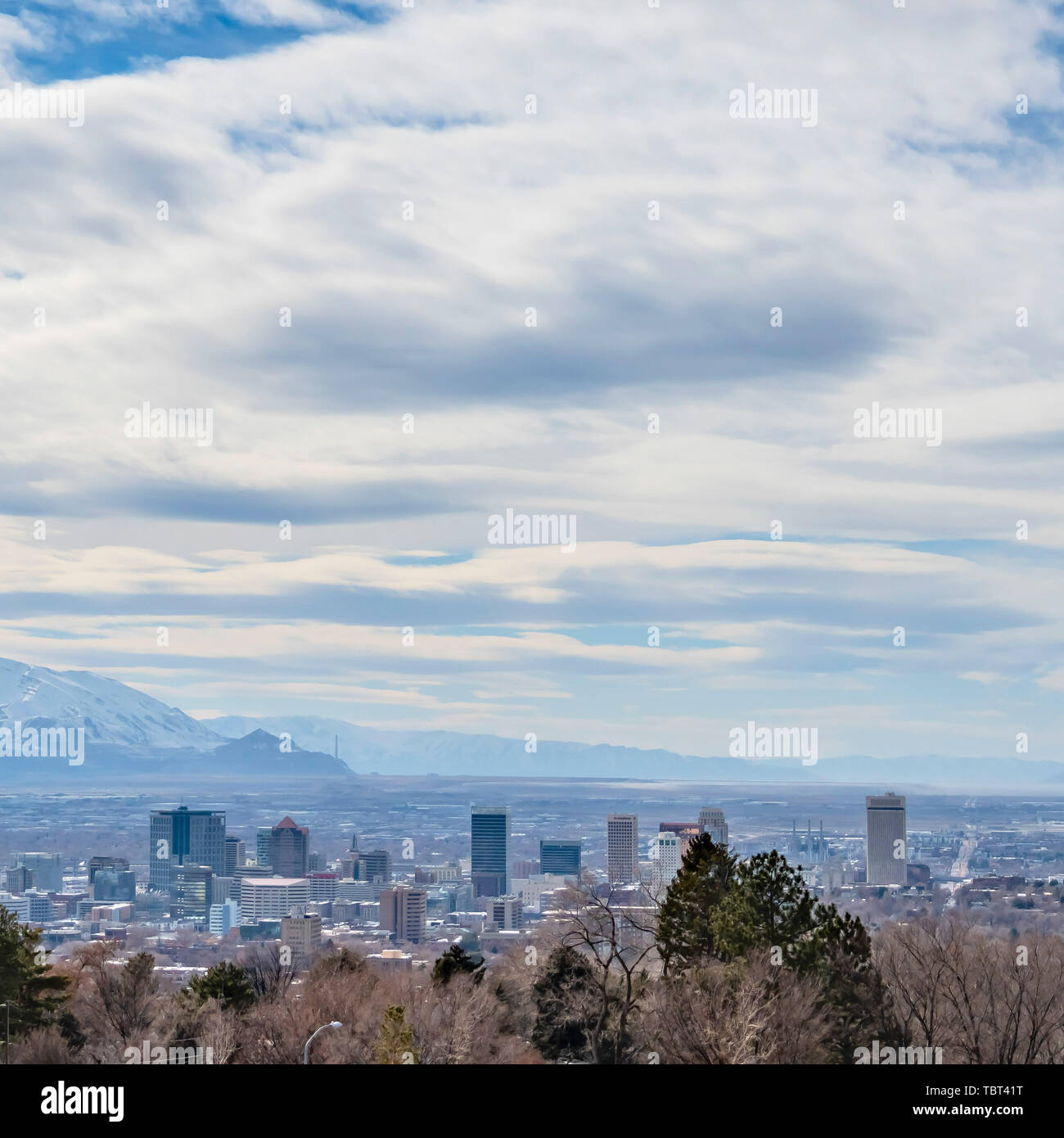 Platz Panorama einer Stadt, umgeben von üppigen Bäumen im Vordergrund gerahmt Stockfoto