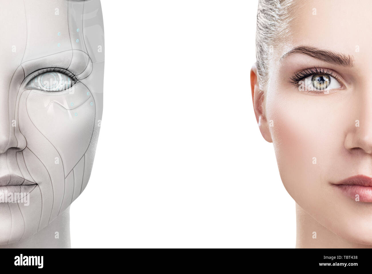 Cyborg Frau mit Maschine Teil ihres Gesichts. Stockfoto