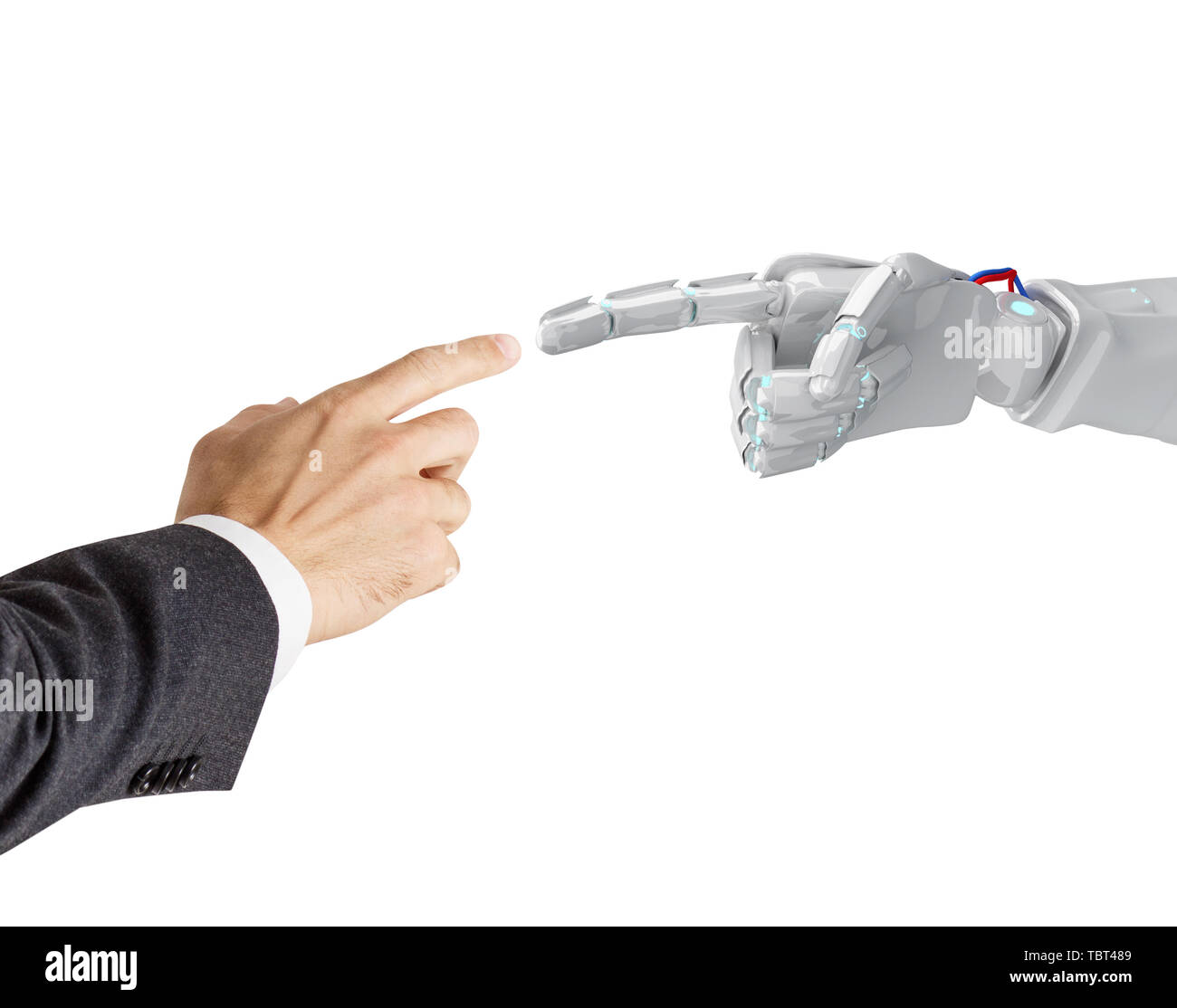 Menschliche Hand berühren Roboterhand. 3D-Rendering. Stockfoto