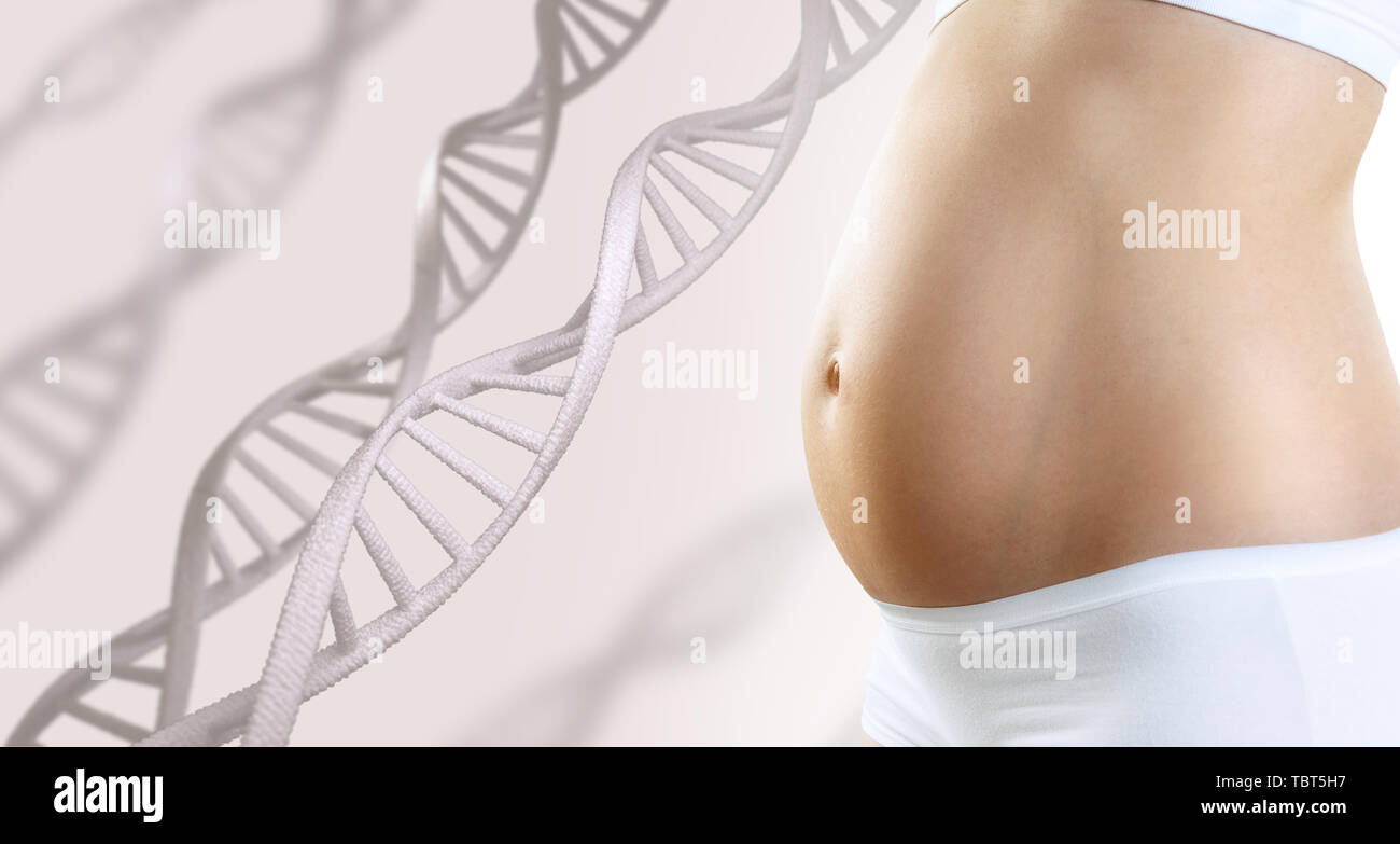 Junge schwangere Frau streicheln Bauch unter DNA stammt. Stockfoto