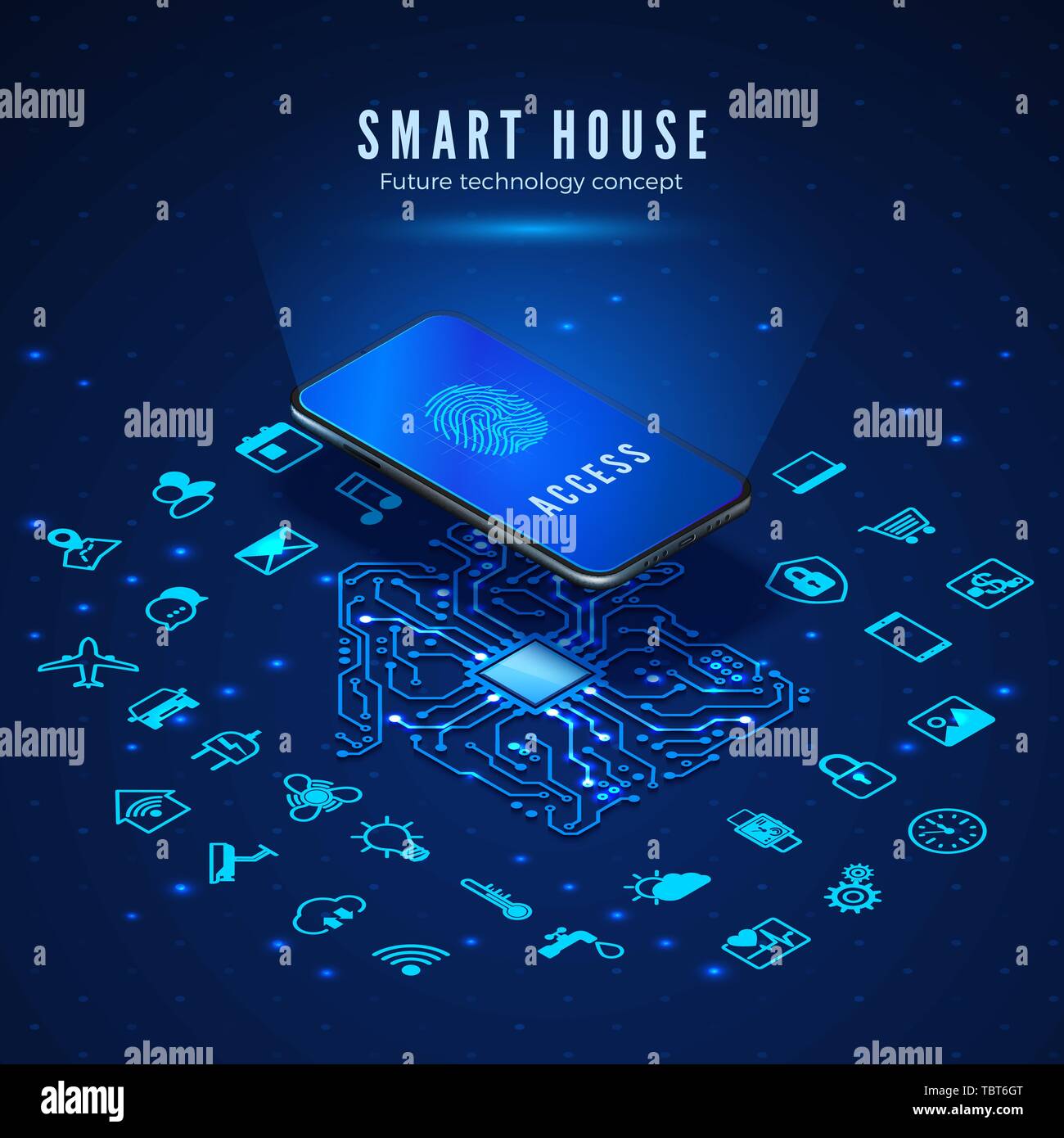 Smart House Konzept. Smartphone mit Fingerabdruck auf dem Bildschirm und Symbole festlegen. Smart Home Monitoring- und Kontrollsysteme. Vector Illustration Stock Vektor