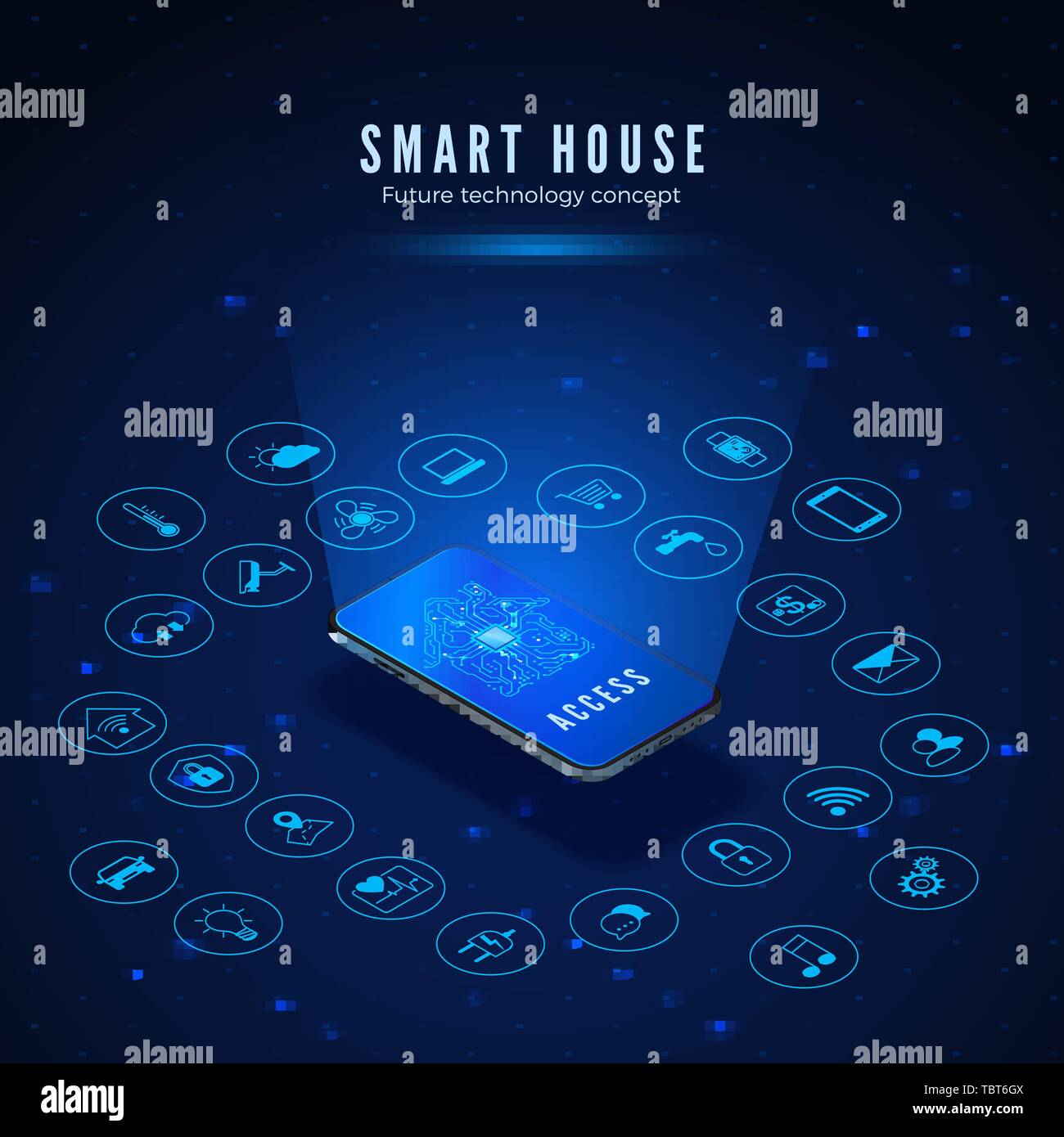 Smart House Konzept. Smartphone mit Haus Stromkreis Silhouette auf dem Bildschirm und Symbole festlegen. Smart Home Monitoring- und Kontrollsysteme. Vector Illustration Stock Vektor