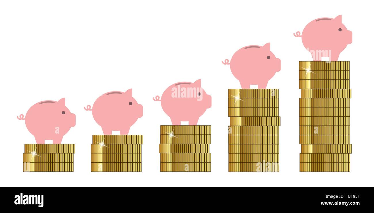 Sparschwein auf goldenen Münzen Umsatzsteigerung Vektor-illustration EPS 10. Stock Vektor