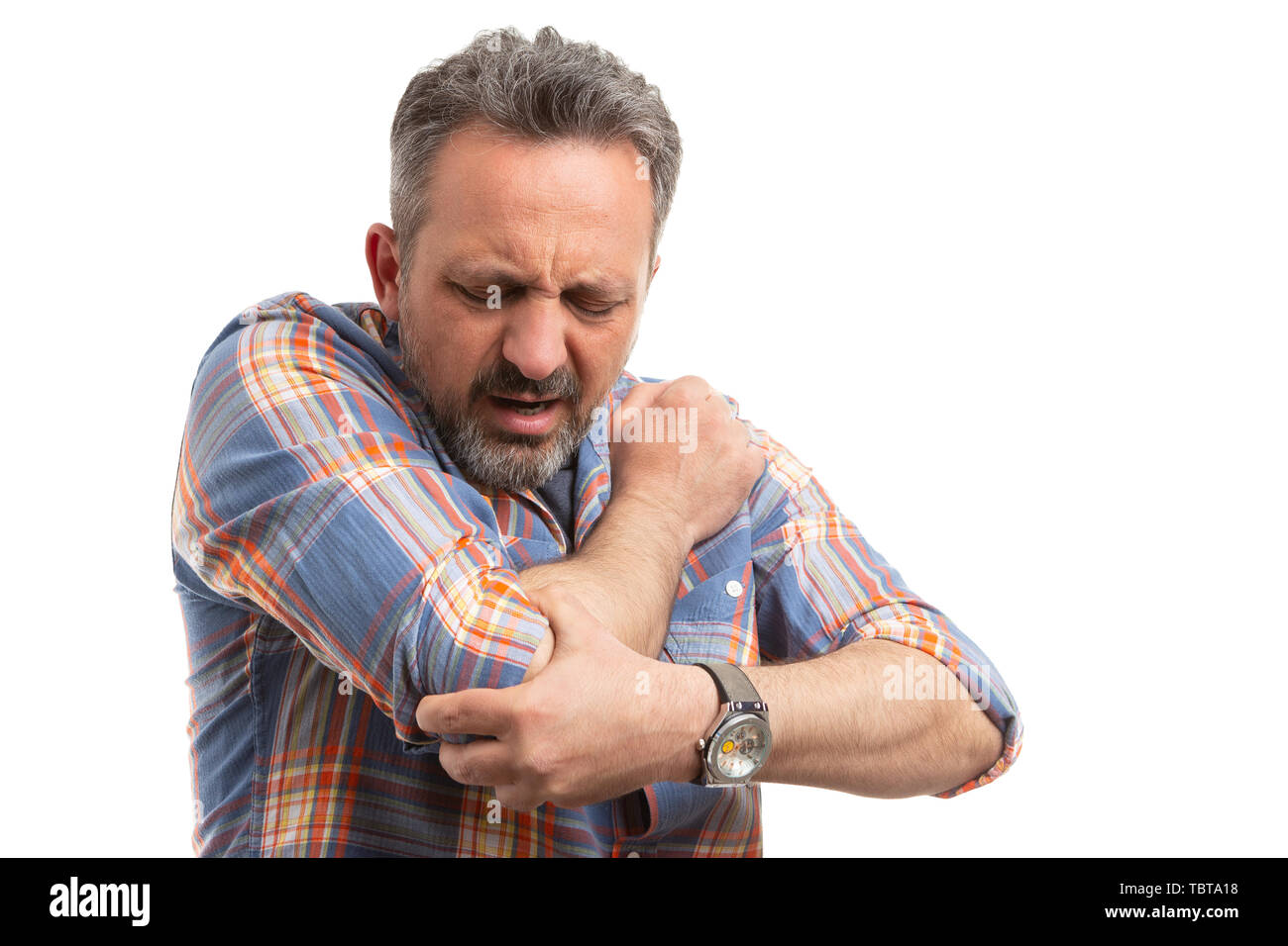Mann berührt schmerzhaft Winkelstück mit dem verletzten Ausdruck als körperliche Anstrengung Konzept auf weißem Hintergrund Stockfoto