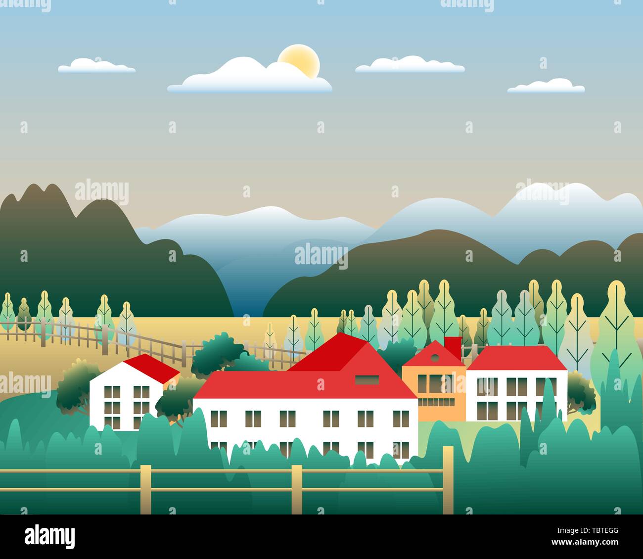 Hügel und Berge Landschaft mit Haus Bauernhof in flachem Design. Wald im Tal Abbildung. Grüne Felder, Wiese, Baum, blauer Himmel und Sonne. Ländliche Stock Vektor