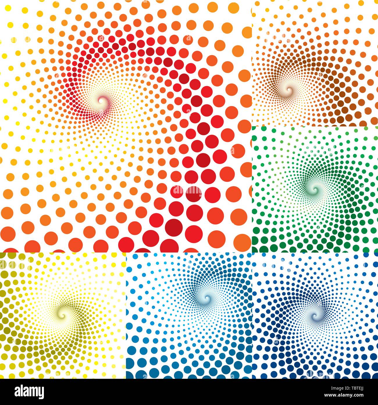 Vector Illustration. Swirl gepunkteten Hintergrund in sechs Farben und Positionen. Stock Vektor