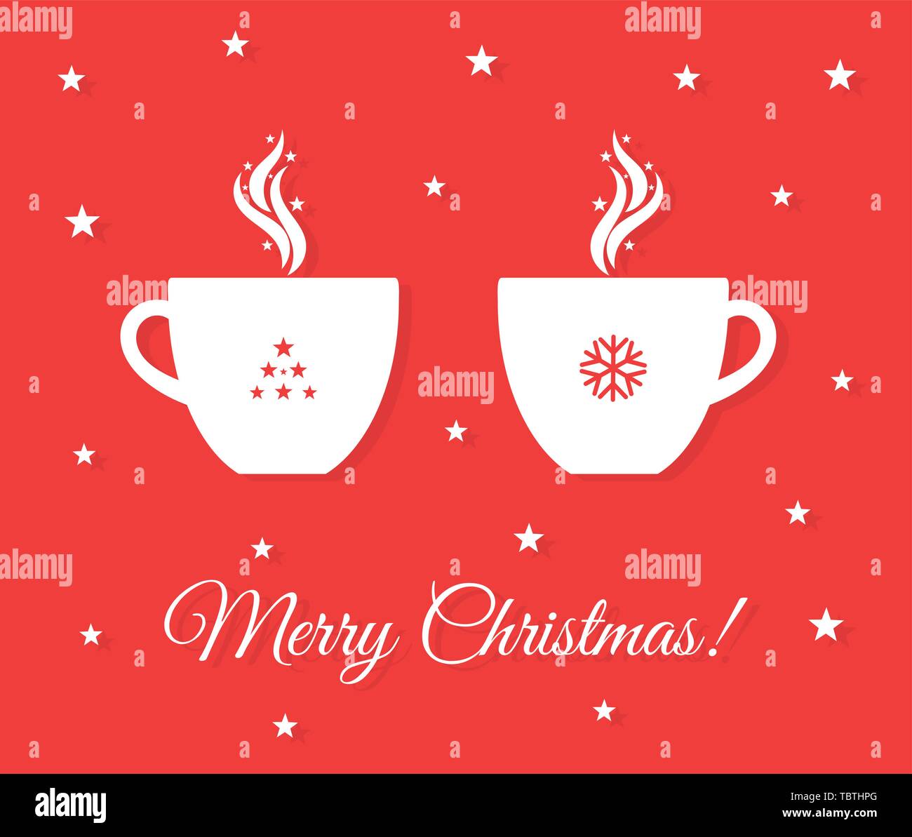 Zwei Weihnachten Tassen Kaffee oder heiße Schokolade auf rotem Hintergrund. Vector Illustration Stock Vektor