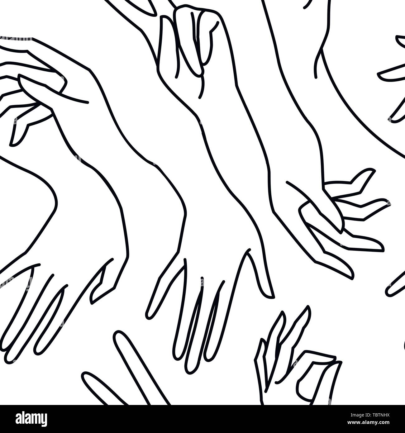 Woman's Hand line Schwarz und Weiß nahtlose Muster. Vektor endlose Hintergrund der weiblichen Händen von verschiedenen Gesten - Sieg, okay. Lineart im minimalistischen Stil auf Stoff zu drucken, Verpackung Stock Vektor