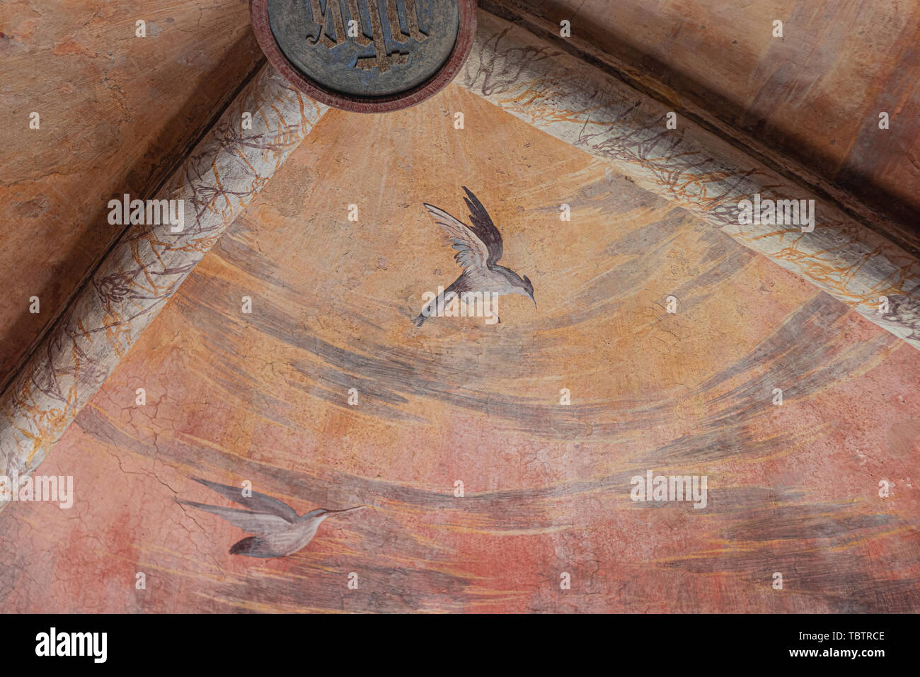 Langhirano, Italien: Juni 2, 2019: Detail eines Freskos an den Wänden von torrechiara Burg in Parma, die ein Vogel fliegen in den Himmel Stockfoto