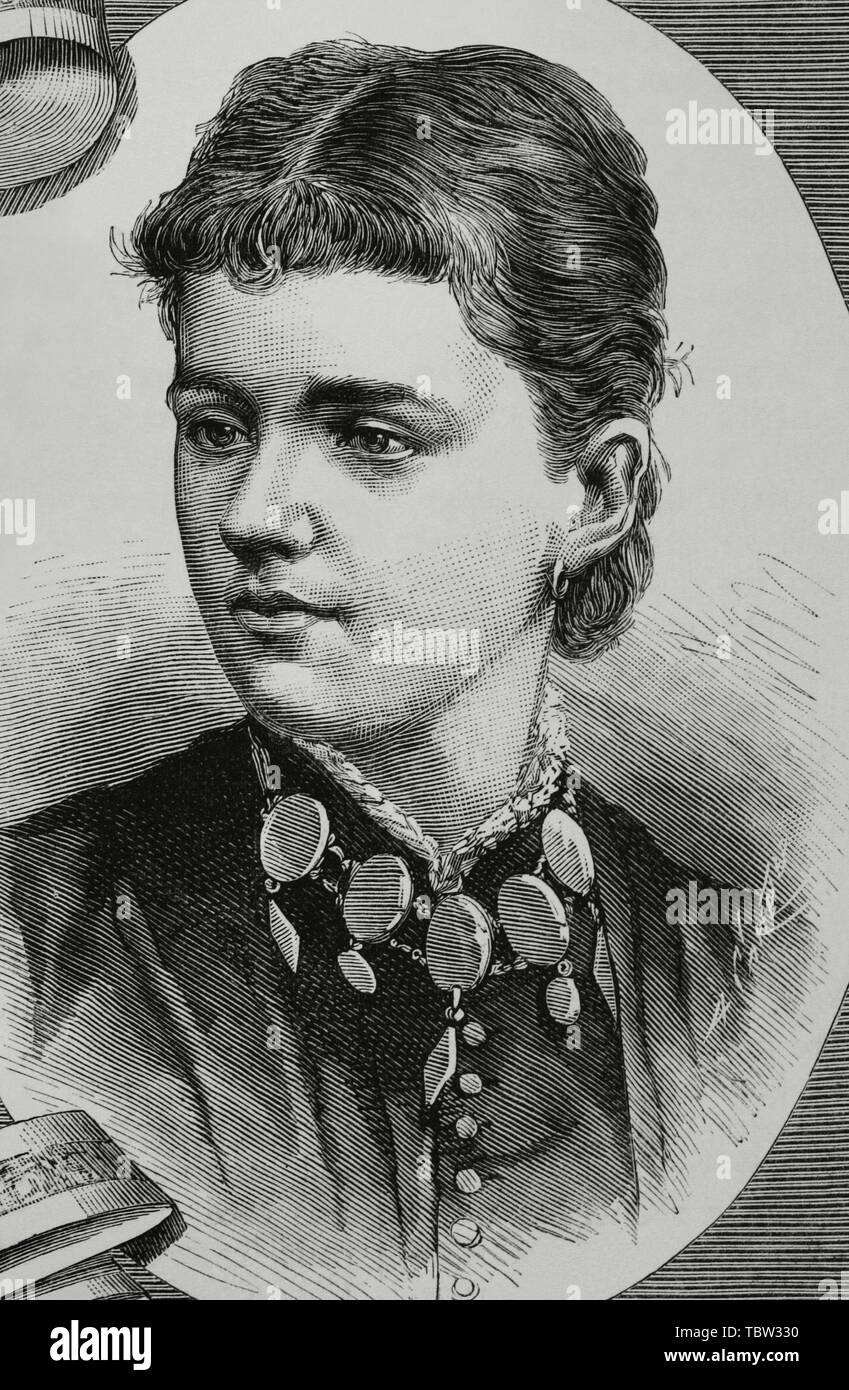 Elena de Waldeck-Pyrmont (Elena Federica Augusta, después Duquesa de Albany) (1861-1922). Se convirtió De miembro de La Familia echten Británica por su matrimonio con Leopoldo de Albany. Dibujo por Badillo. Grabado por Arturo Carretero (1852-1903). La Ilustración Española y Americana, 15 de Mayo de 1882. Stockfoto