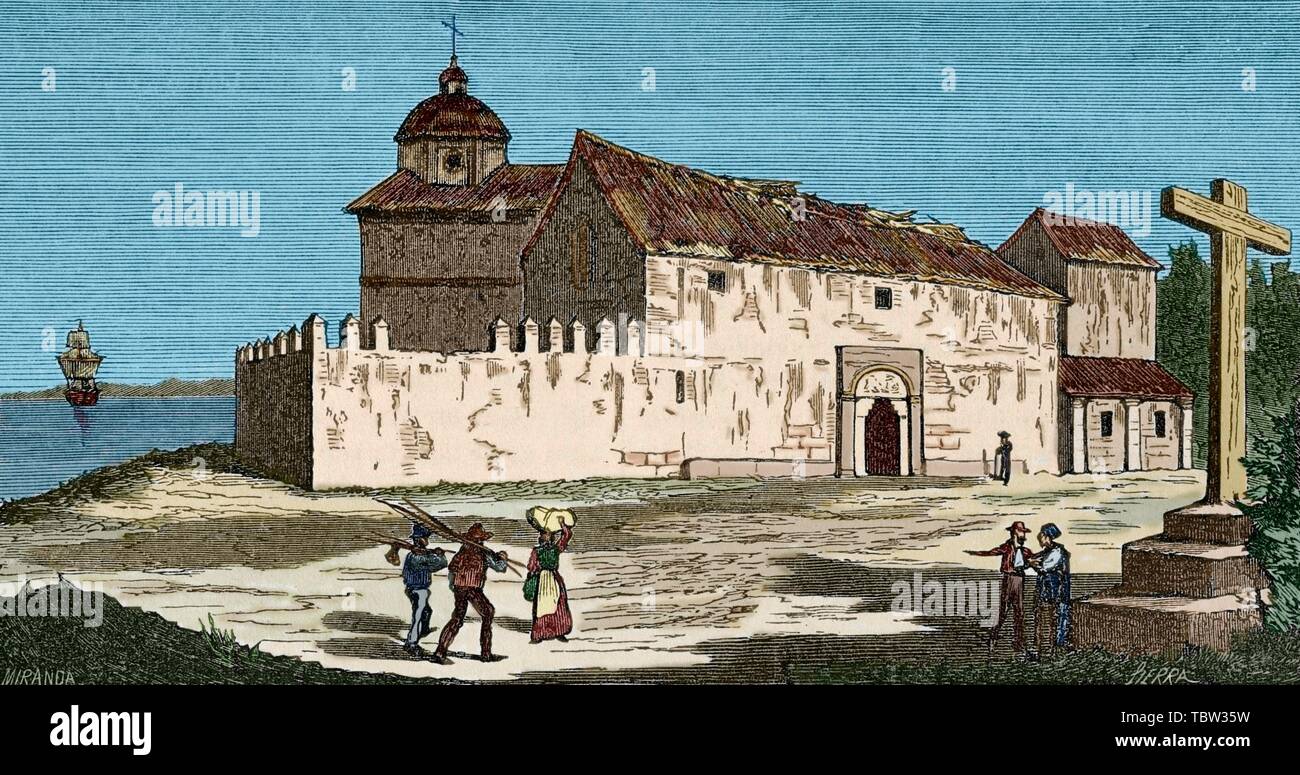 España. Andalusien. Estado de Huelva. Monasterio de Santa María de La Rábida. En se se hospedó Cristóbal Colón, y en el que se encuentra enterrado Martín Alonso Pinzón. Dibujo por Fernando Miranda. Grabado por Sierra. Coloreado. Crónica de España, Historia y Ilustrada Descriptiva de Sus Provincias. Andalusien, 1867. Stockfoto