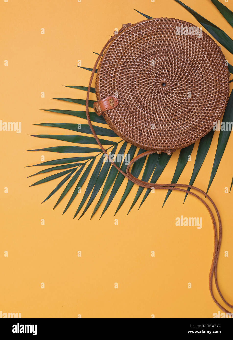 Kreative Sommer Zusammensetzung mit runden Handtasche und Palm Leaf, Ansicht von oben Stockfoto