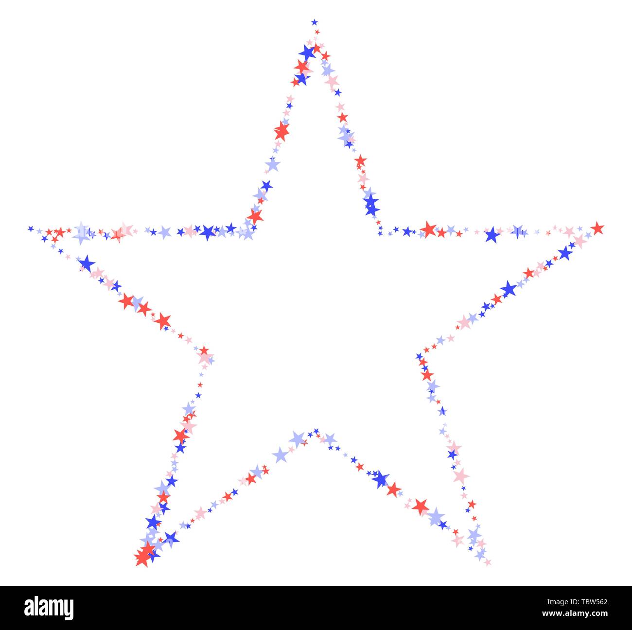 Am 4. Juli. Stern aus kleinen Sternen. Rote, blaue und weiße Konfetti, bunten Kulisse im abstrakten Stil. Vector Illustration auf weißen Bac Stock Vektor