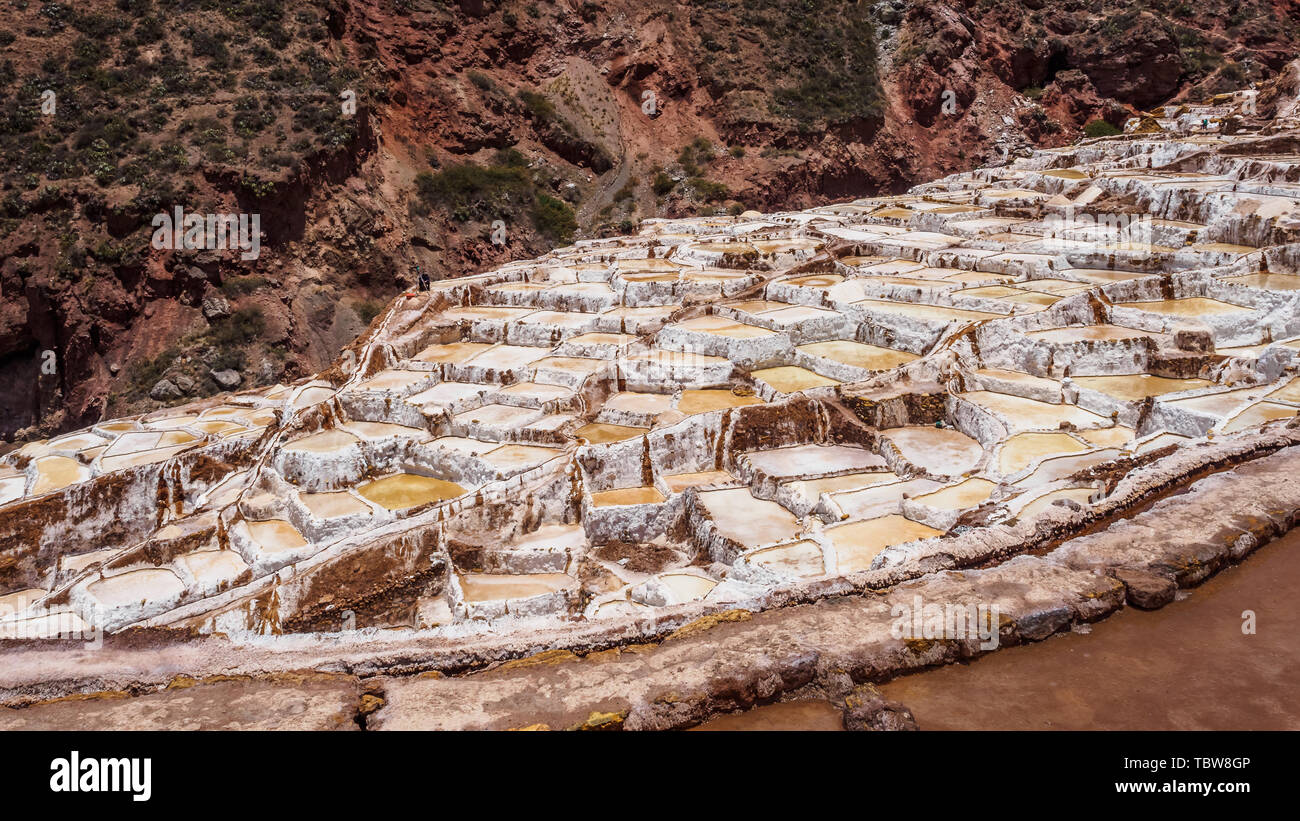 Detail der Salz Terrassen in den Salinen von Maras, salineras de Maras in der Nähe von Cusco in Peru, Salzminen von Man Stockfoto