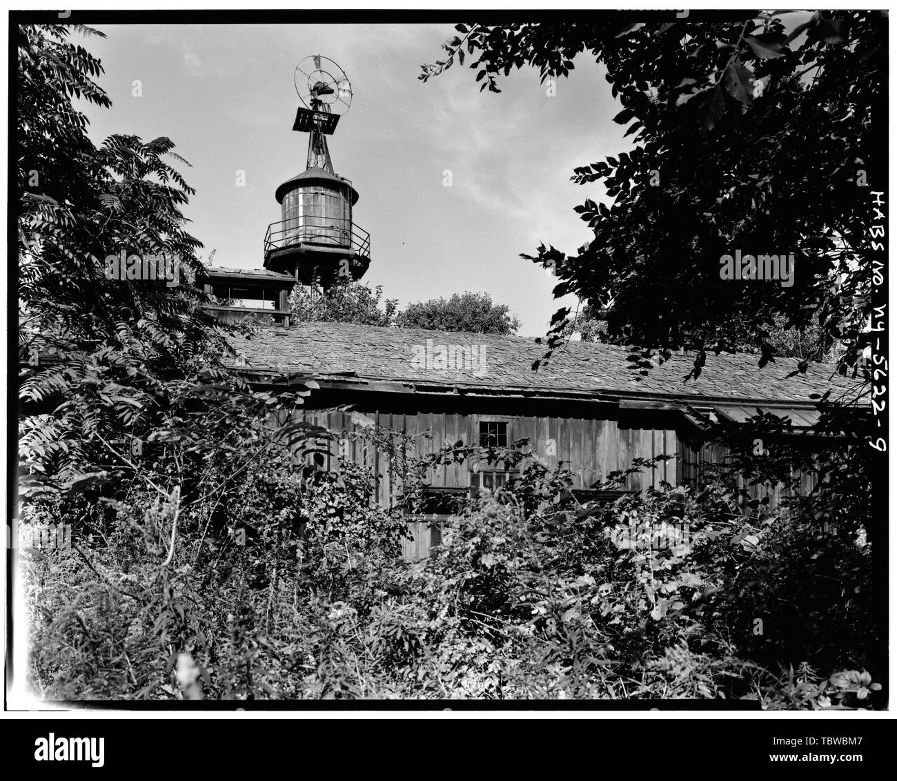 HAUPTSCHEUNE, KOMBINIERTE WINDMÜHLE UND HÖLZERNER WASSERTURM IM NORDEN, SCHWERES ÜBERWUCHSGEBIET IM VORDERGRUND The Meadows, River Road, Rhinebeck, Dutchess County, NY Stockfoto HAUPTSCHEUNE, KOMBINIERTE WINDMÜHLE UND HÖLZERNER WASSERTURM IM NORDEN, SCHWERES ÜBERWUCHSGEBIET IM VORDERGRUND The Meadows, River Road, Rhinebeck, Dutchess County, NY Stockfoto