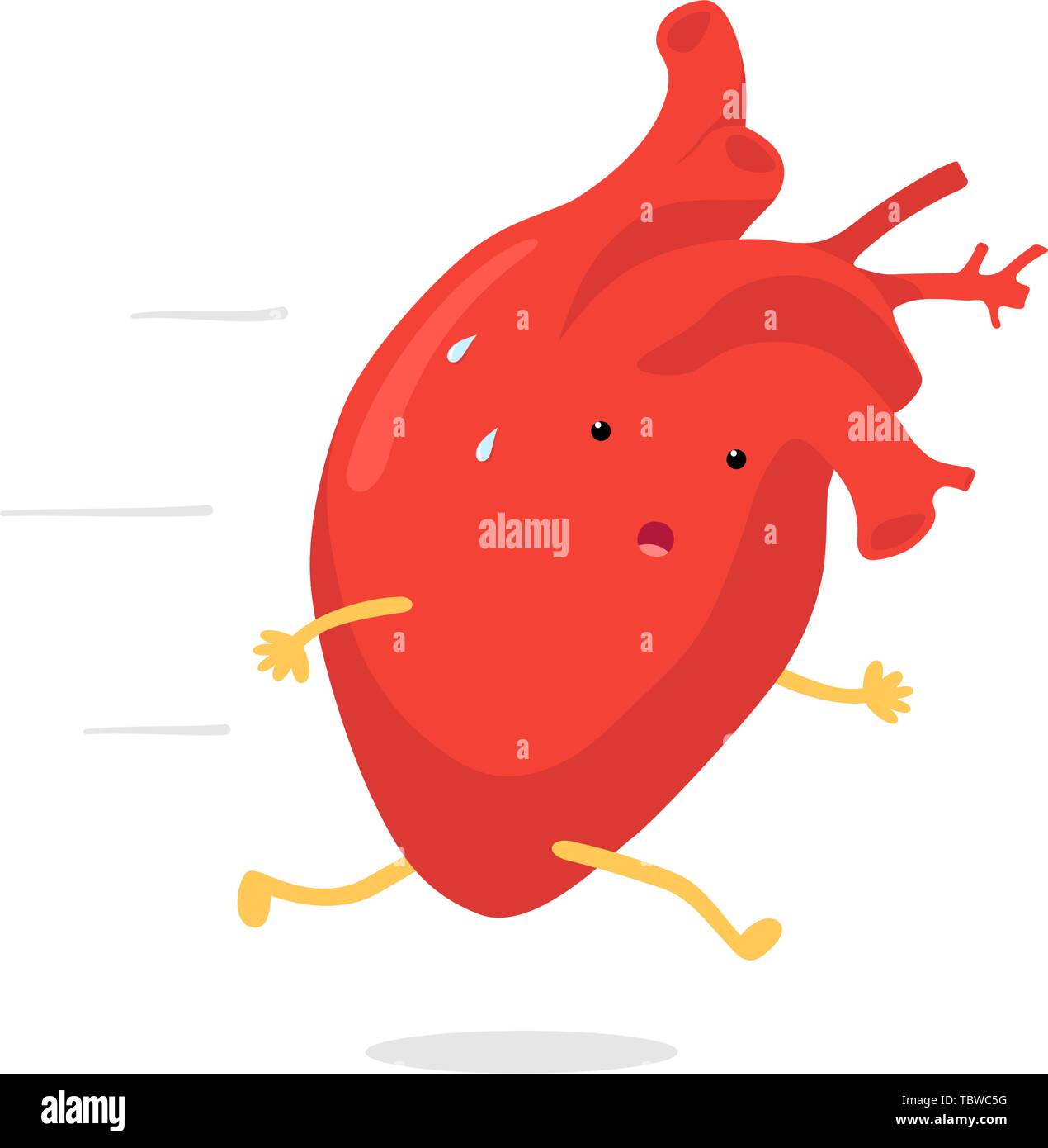 Cute cartoon Herzen Charakter mit Schweiß auf der Stirn Tropfen schnell laufende emoji Emotion. Vektor Kreislauf- Orgel symbolisiert cardio Training oder cardiopal Stock Vektor