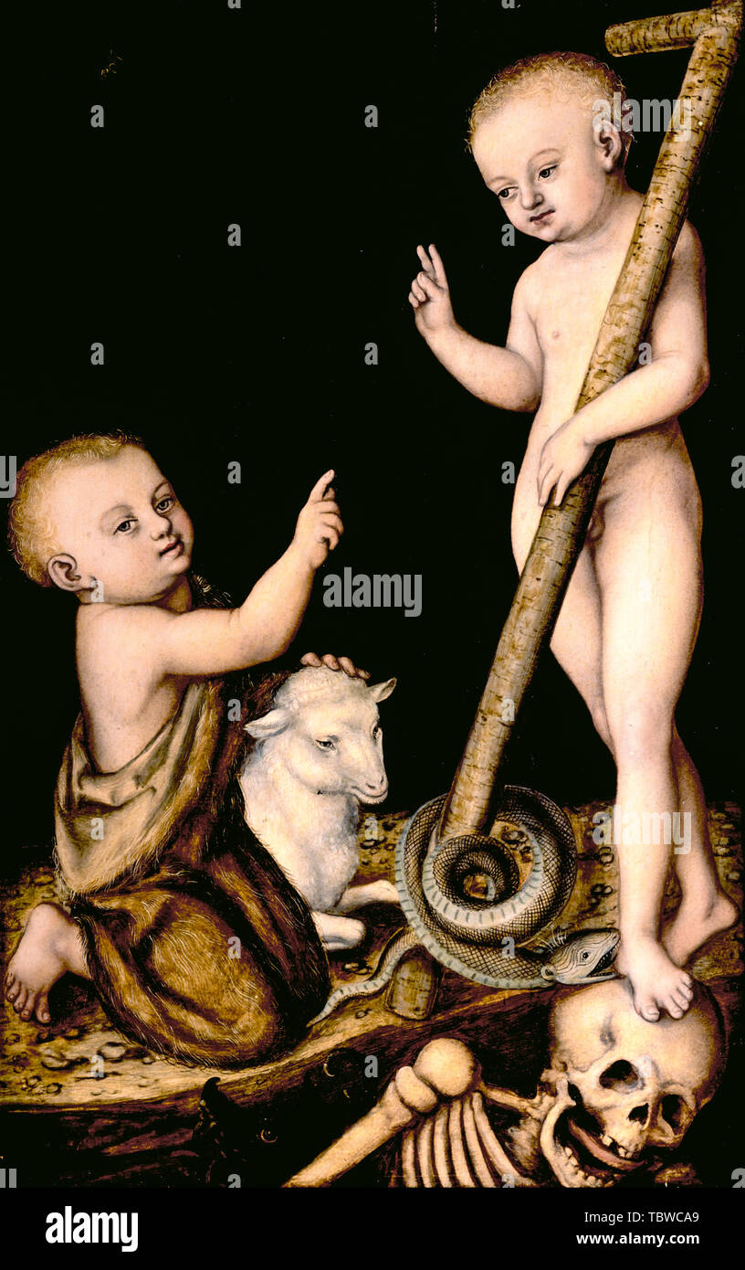 Lucas Cranach der Ältere, Die Anbetung des Jesuskindes durch die Heiligen Johannes der Täufer, Malerei, ca. 1530 Stockfoto