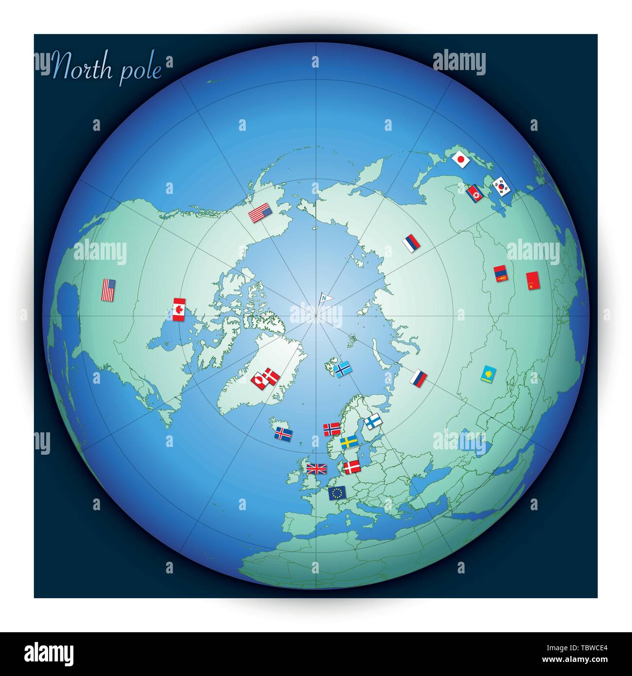 Nordpol globale Karte mit Flaggen, Vector Illustration Stock Vektor