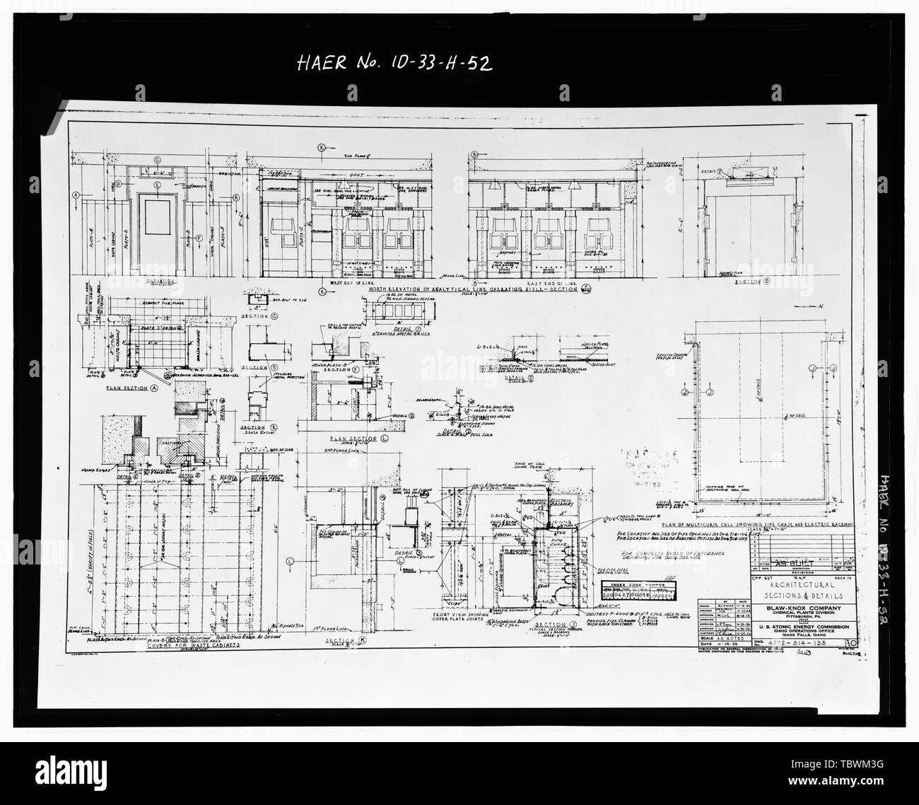 Verschiedene ARCHITEKTONISCHE DETAILS UND ABSCHNITTE DER REMOTE ANALYTISCHE FACILITY (CPP 627). INL ZEICHNUNG NUMMER 200062700098105632. Alternative ID Nummer 4272814135. Idaho National Engineering Laboratory, Idaho chemische Verarbeitungsanlage, Wiederaufarbeitungsanlagen für komplexe, Scoville, Butte County, ID Stockfoto