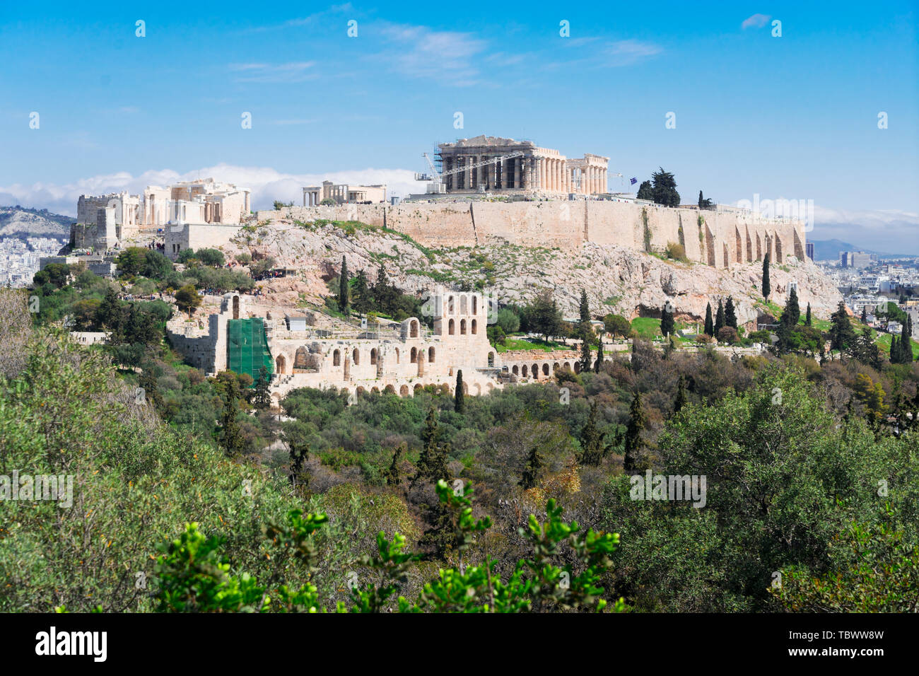 Berühmte Skyline von Athen mit Akropolis, Pathenon, Herodes Atticus Amphitheater, Athen, Griechenland Stockfoto