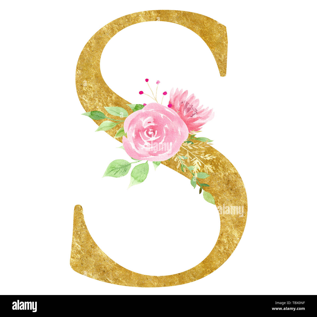Erste S Symbol mit Blossom raster Abbildung. Kreative Buchstaben mit blühenden Blumen Aquarell Malerei. Botanische Konsonanten mit goldenen Stockfoto