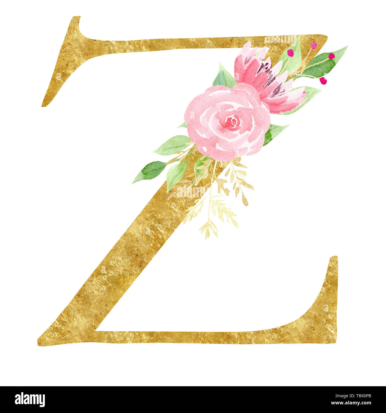 Capital Z Symbol mit Blumen raster Abbildung. Karton lateinischen Buchstaben Aquarell Malerei. Konsonanten mit goldenen Textur. Schriftzug mit Stockfoto