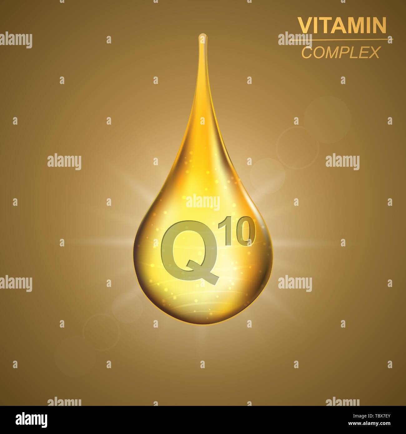 Vitamin gold glänzenden drop Symbol. Coenzym Vitamin Komplex Hintergrund Stock Vektor