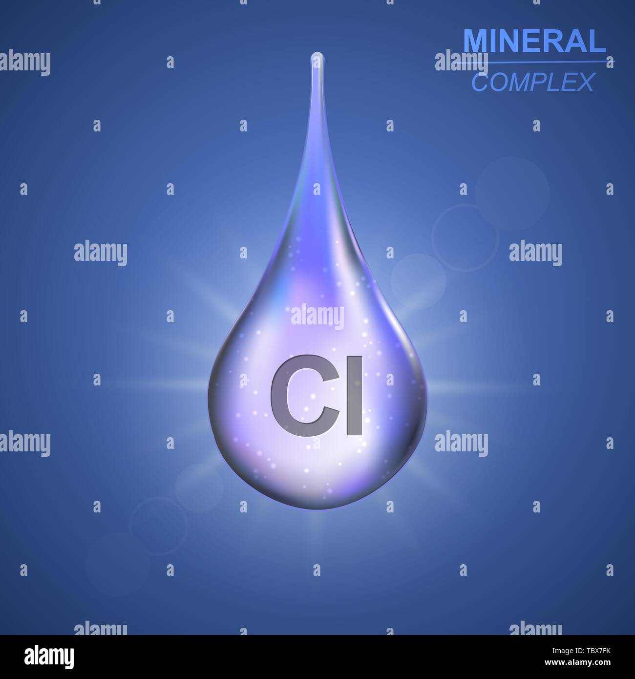Chlor Mineral leuchtendes Blau drop Symbol. Mineral Komplex Hintergrund Stock Vektor