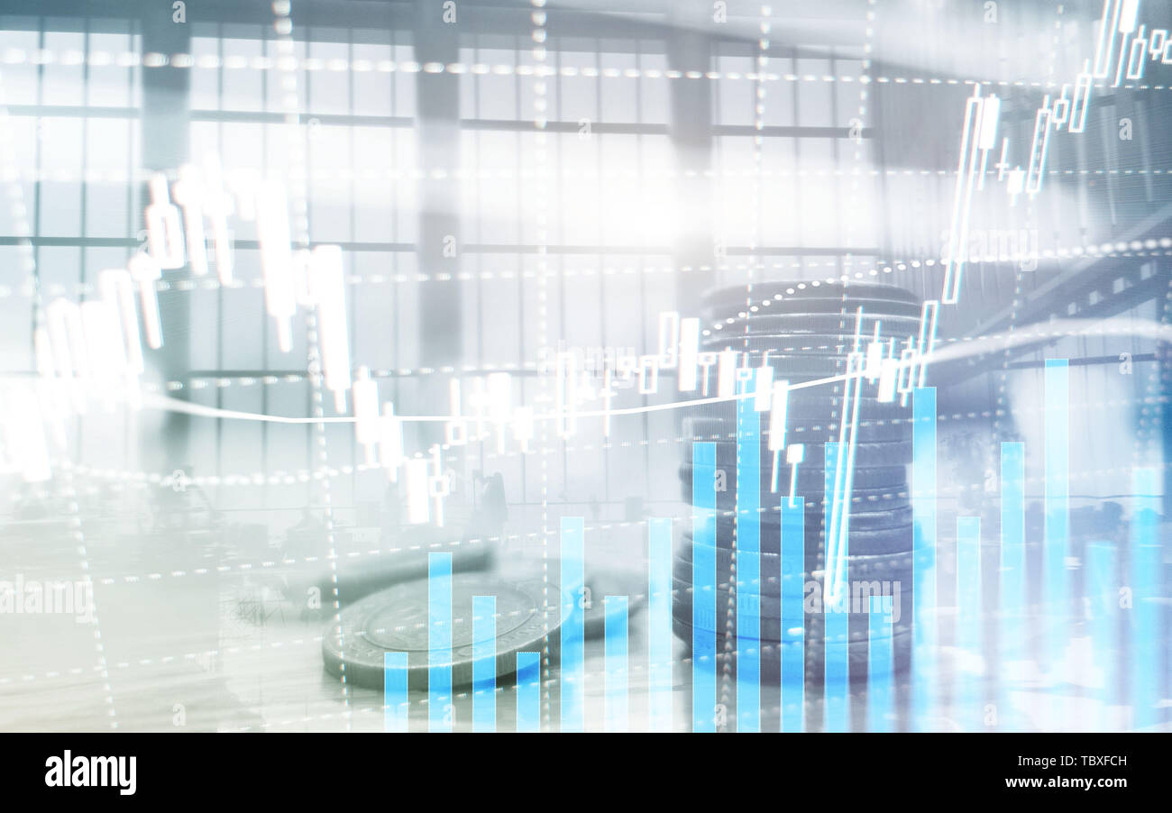 Digitale Börse. Financial Business Börse Grafik candle Stick. Forex Trading. Münzen und megapolis Hintergrund. Stockfoto